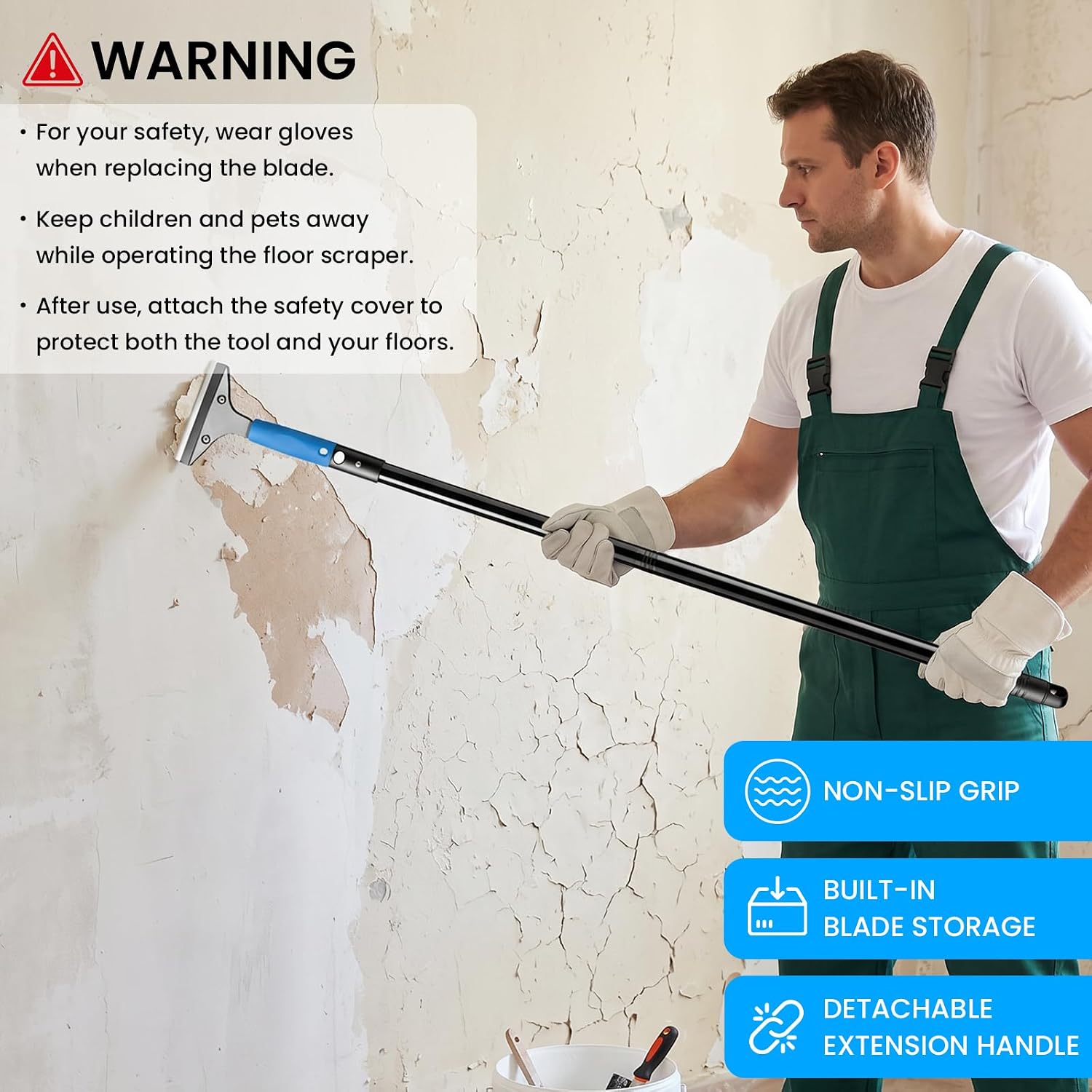 Floor Scraper - 8'' To 67'' Adjustable Long Handle | 4'' Scraper Tool with 5 Extra Metal Blades, for Removing Floor Adhesive, Linoleum, Paint, Chewing Gum, and Debris From Tiles