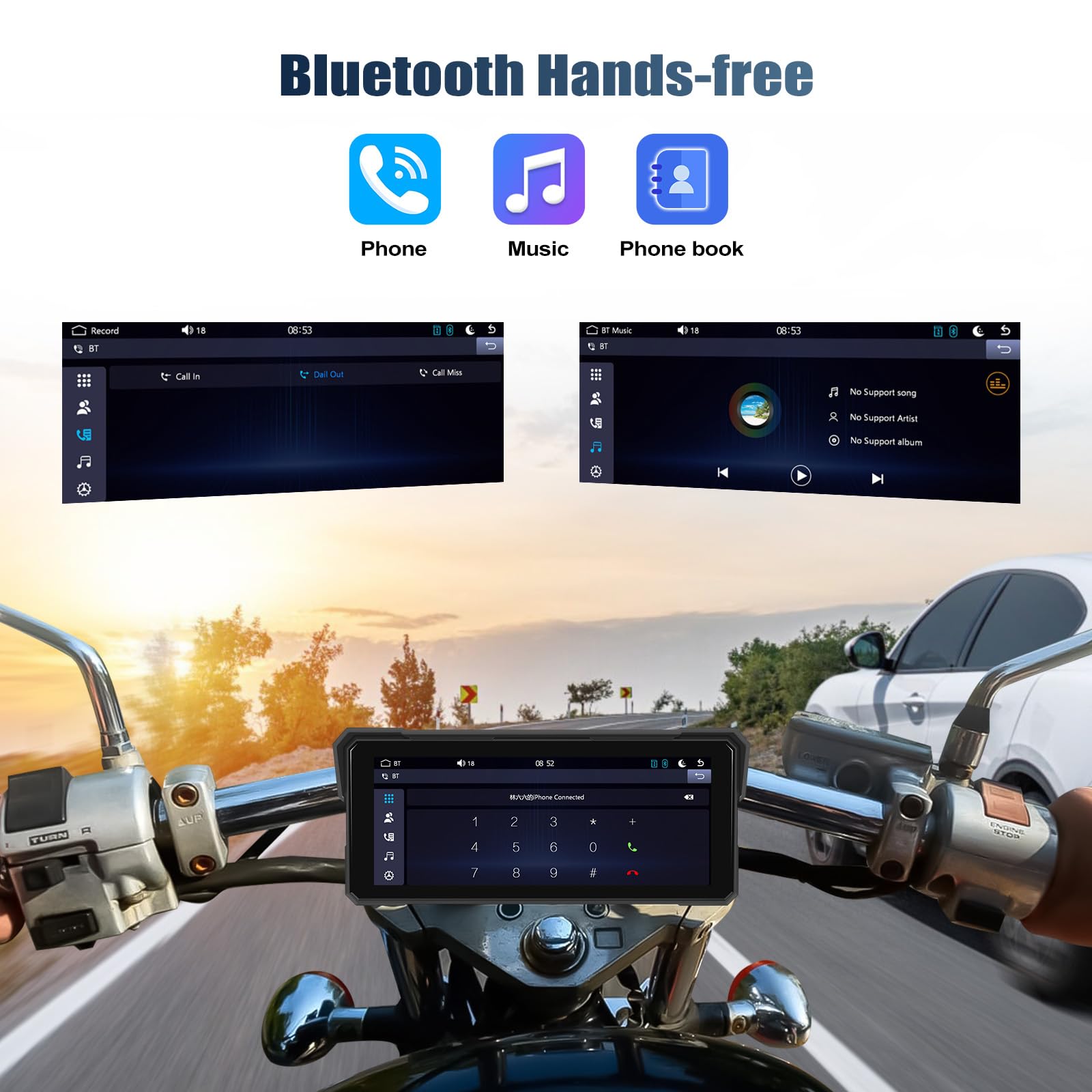 CAMECHO Écran Moto 8.1 Pouces HD IP68 Dash Cam, CarPlay/Android Auto sans Fil, Mirroring iOS/Android &Bluetooth | Support Vertical Universel avec Fonds d’Écran