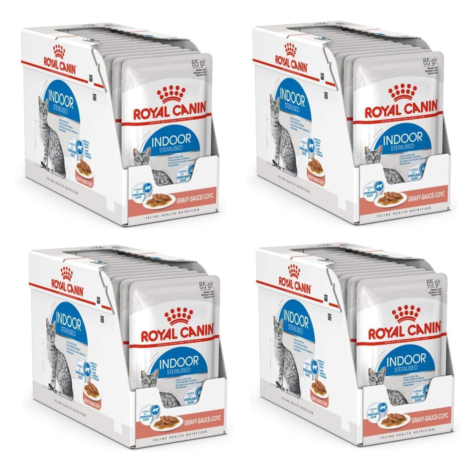 Royal Canin Indoor Sterilised w sosie | 4-pack | 4 x 12 x 85 g | Karma pełnoporcjowa dla dorosłych kotów żyjących w domu | Dla sterylizowanego kota | Kawałki w sosie