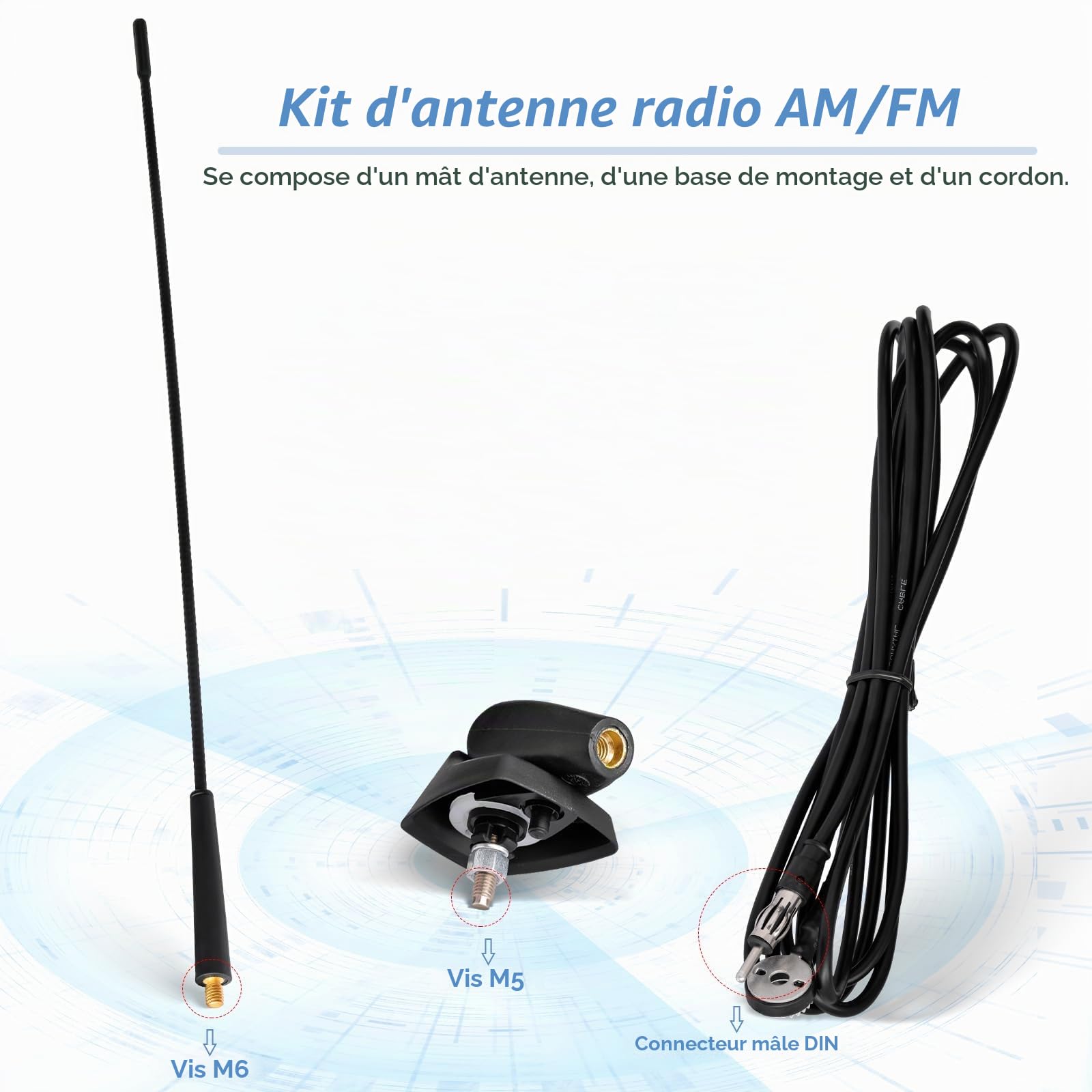 Eightwood Antenne Voiture AM FM Antenne Universelle Câble de Connexion 3M Prise Din pour véhicule Compatible avec Citroën Peugeot Renault Hyundai Nissan etc.