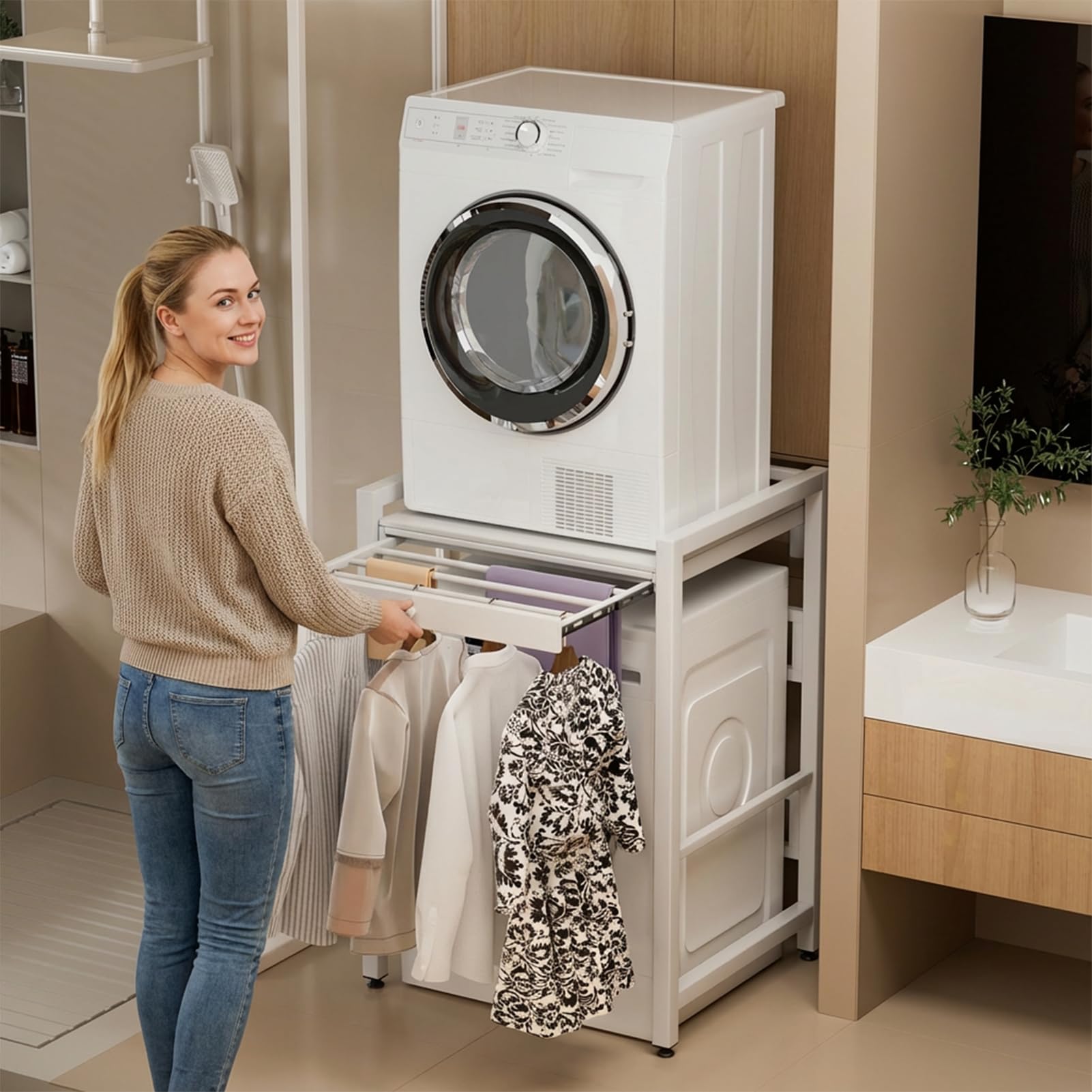 Fiakoais White A Washer Dryer Stand Stacking Kit, Tumble Dryer Stacking Kit With Sliding Shelf Countertop, Space Saving Laundry Storage Unit With 200Kg Load Capacity For Washing Machines