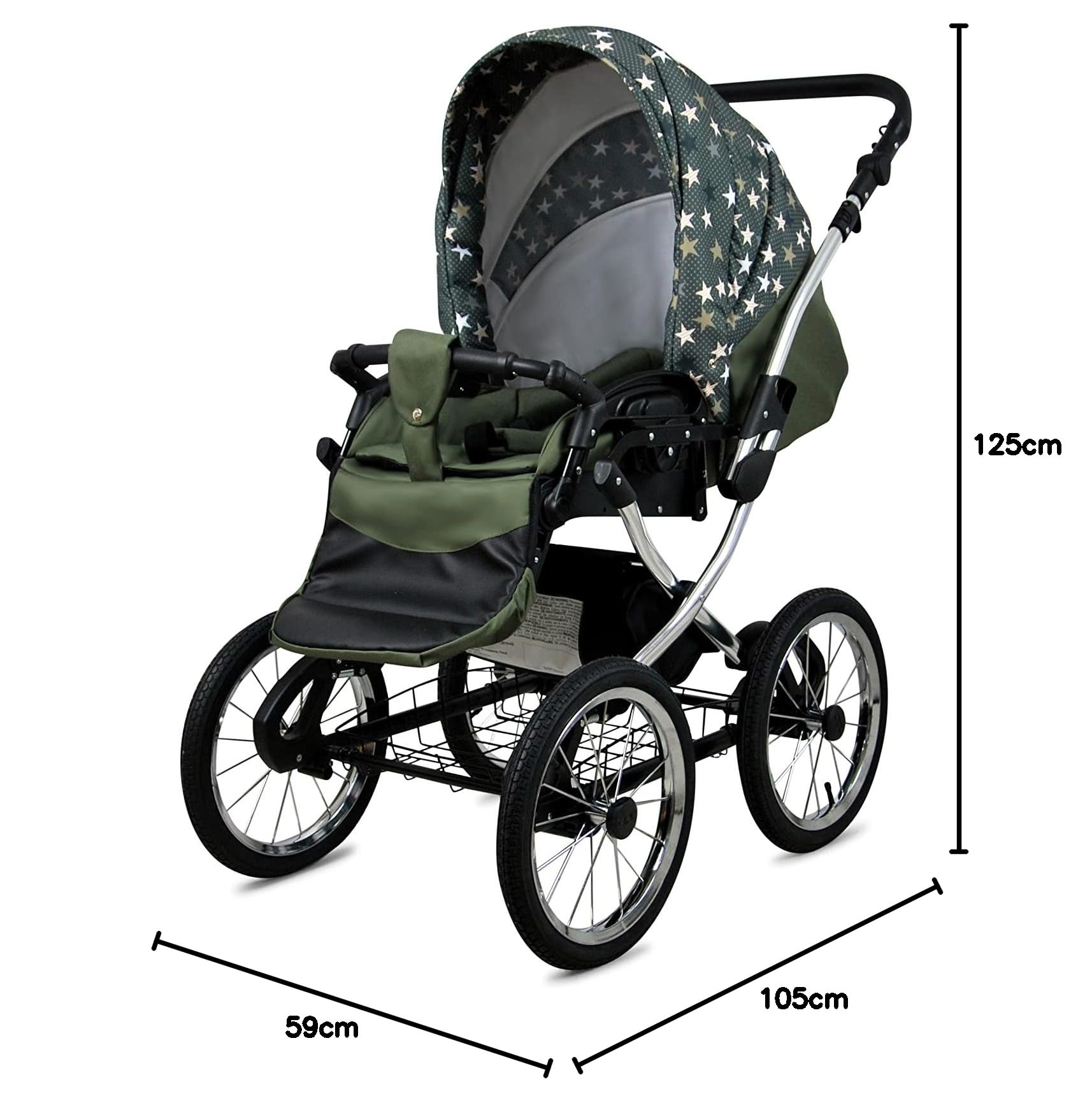 BabyLux Passeggino 3 in 1 con Seggiolino Auto per Bambini Piccoli – Passeggino per Neonati e Bambini –– Carrozzina Neonato – 59x105x125cm – Max 15kg – Olive Star Silver Frame