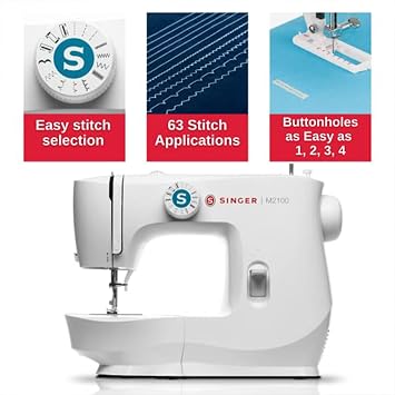 SINGER M2100 Lightweight Compact Sewing Machine with Accessory Kit | 8 stitches deliver 63 applications, easy 4-step buttonhole, LED tight, for garments, mending alterations, crafts, home decor