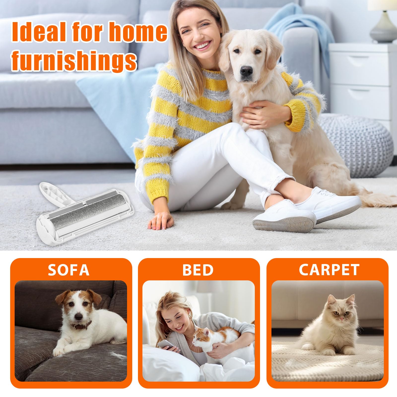 Rodillo removedor de pelo de mascotas para mascotas, herramienta de depilación de gatos, rodillo de pelusa reutilizable para muebles, sofá, alfombra, ropa y ropa de cama, blanco y gris