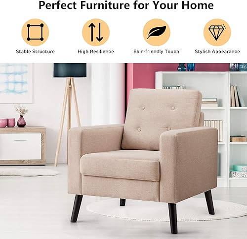 Miniatura 7 de Acento moderno, sillón de mediados de siglo con patas de madera de goma, sofá individual de lino con cojín de tela, sillón tapizado para sala de