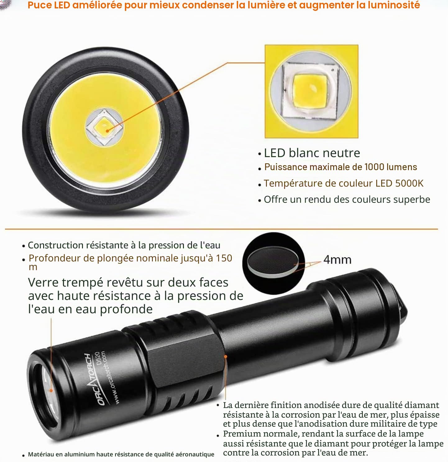 ORCATORCH D520 Lampe de Plongée Rechargeable, 1000 Lumens Lampe de Plongée Sous Marine, IPX-8 Torche de Plongée, Lampe de Poche Batterie étanche à 150 M