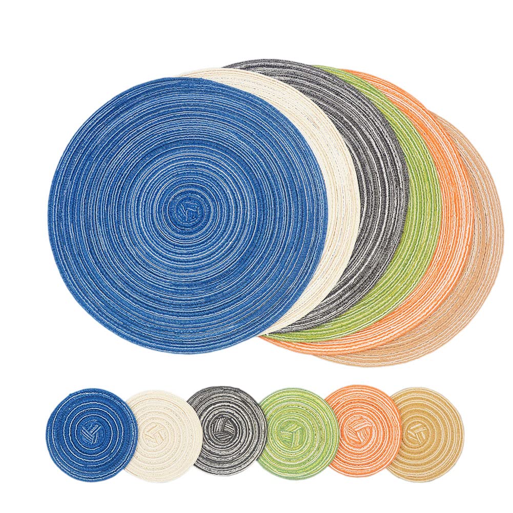 SCF2017 Set of 6 Round Woven Cotton Placemats, Heat Resistant Washable 36cm Table Mats and 11cm Coasters,Mixed Color