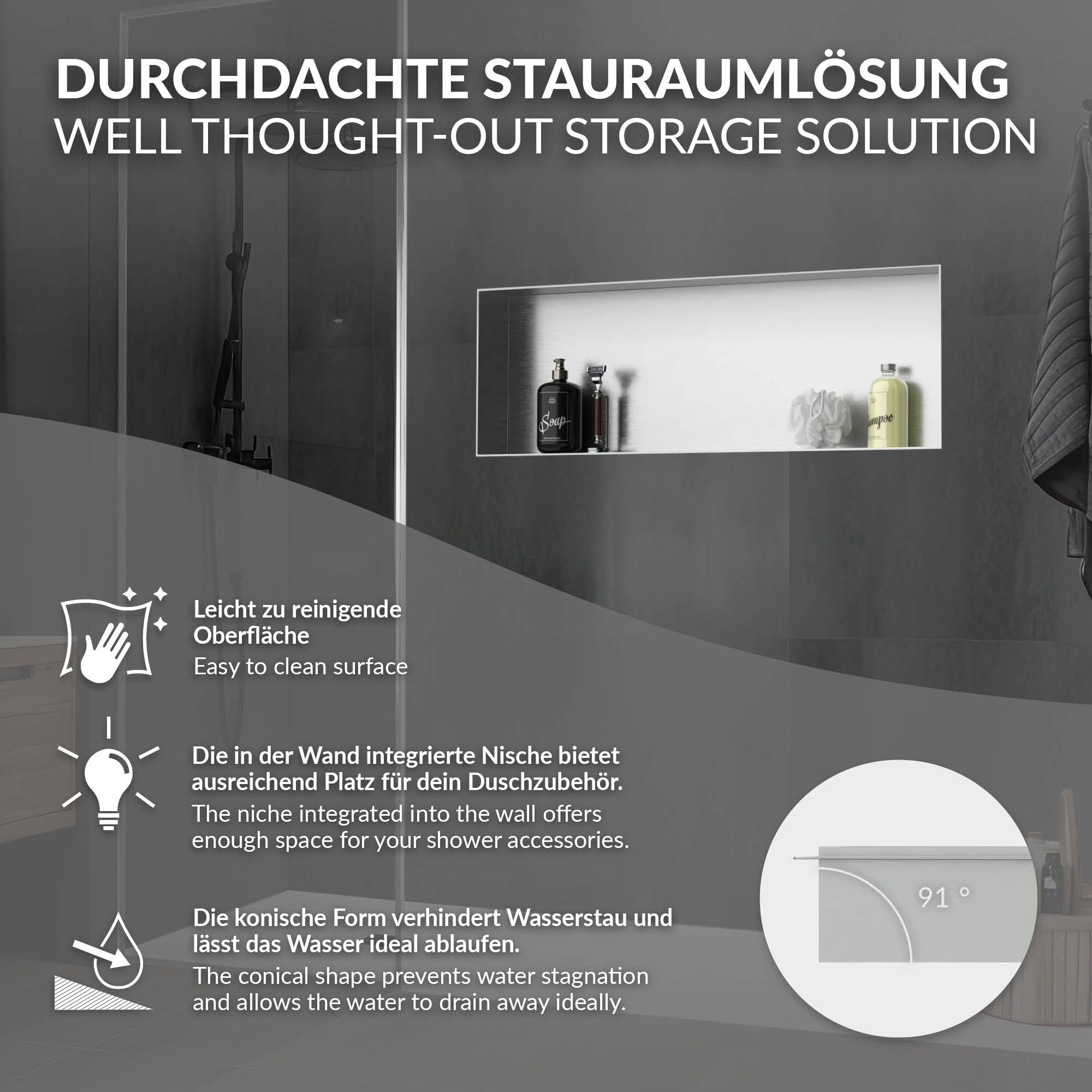 LuxeBath Niche de Douche Encastrée Murale, 90x30x10 cm, en Acier Inoxydable, Argent, sans Rebord, Étagère Encastrable Salle de Bain, Seule Couche, Rangement Articles Toilette, avec Matériel Montage