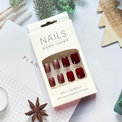 Miniatura 5 de 24 uñas postizas cuadradas cortas a presión, color rojo vino, uñas postizas con diseños, uñas acrílicas con purpurina, uñas con pegamento brillante