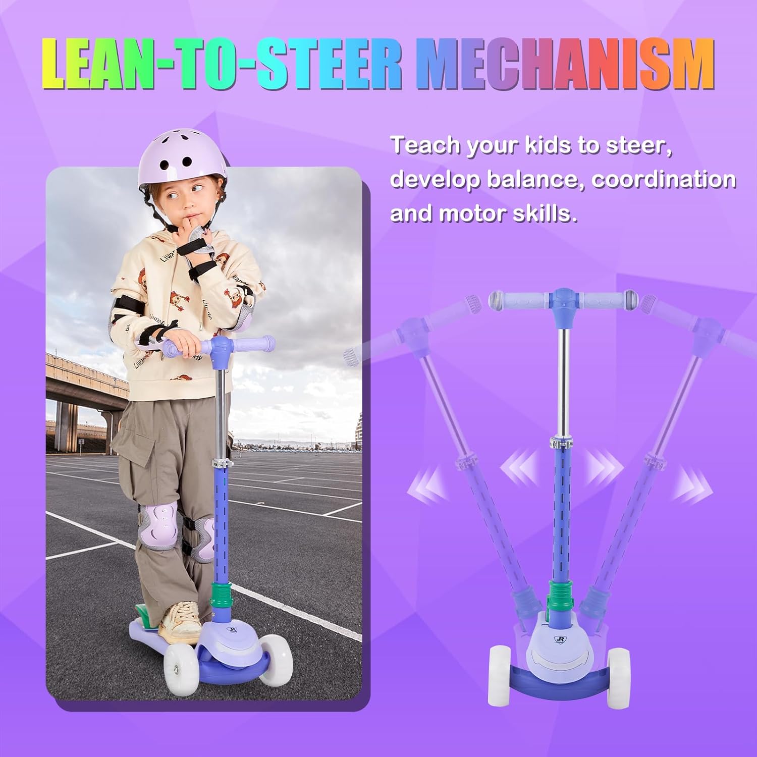 Rahmory Kids Scooter for Boys Girls Ages 3-8, 3 Wheel Light Up Toddler Kick Scooter with 20 Dynamic LED Modes, Foldable Adjustable Height, Extra Wide Deck, Lean to Steer Outdoor Toy Gift