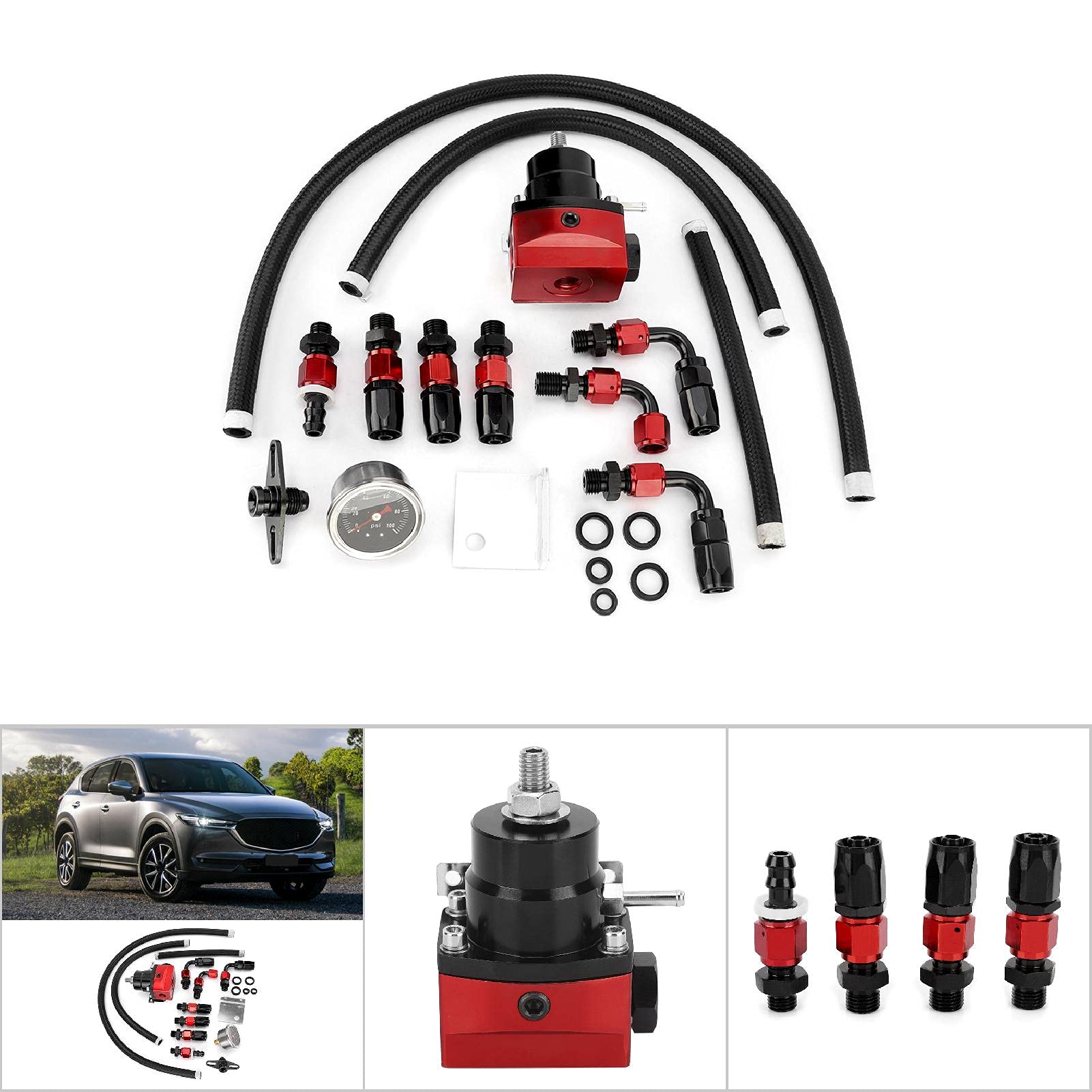 Kit de régulateur de pression de carburant de voiture réglable universel avec jauge, régulateur de pression de carburant haute performance, 3 ports 2 entrées 1 conception de (Noir Rouge)