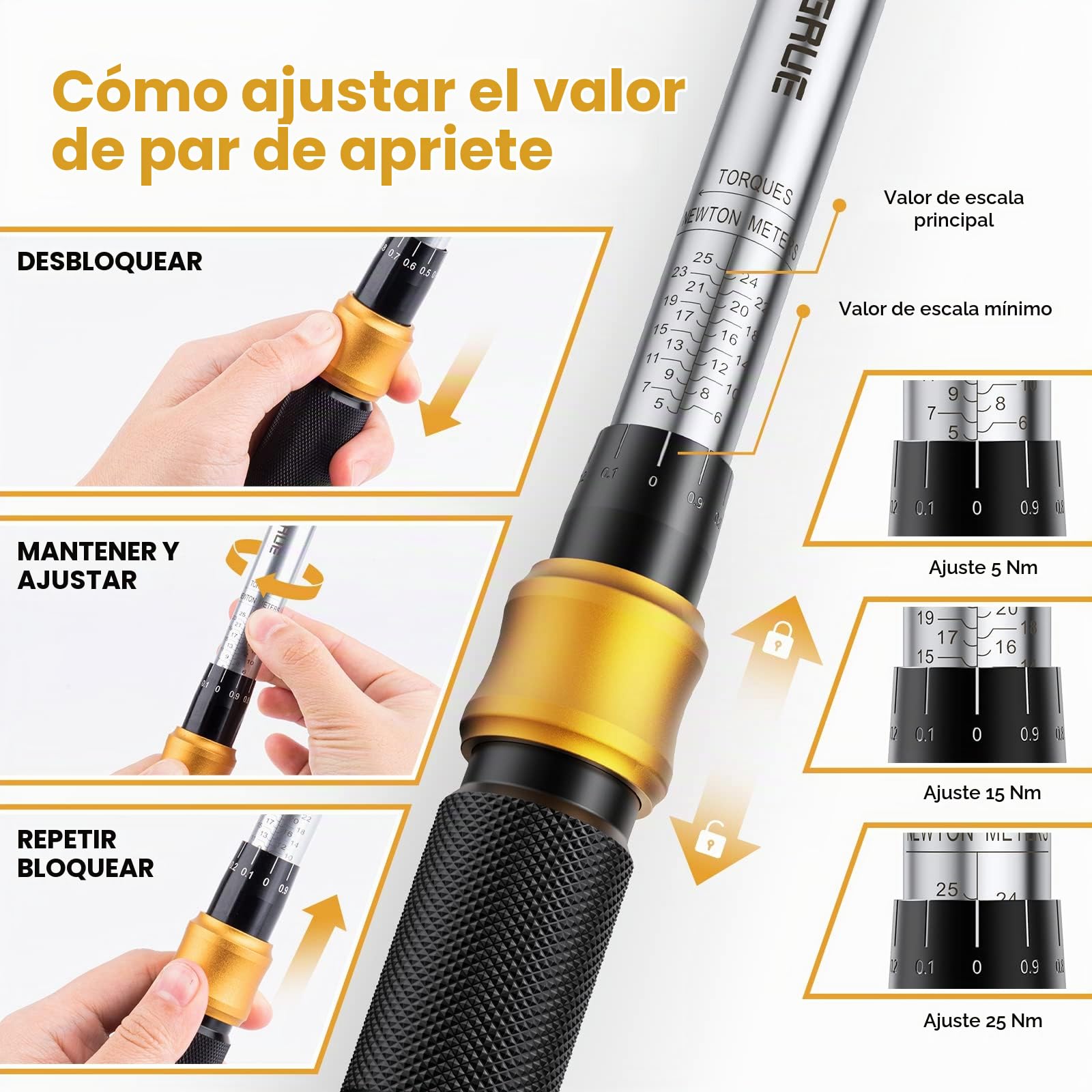 VIGRUE Llave dinamométrica para bicicleta, llave dinamométrica de 1/4 pulgadas, 5-25 Nm, ± 4% de precisión de error con barra de extensión, articulación universal, funda de bujía magnética, puntas