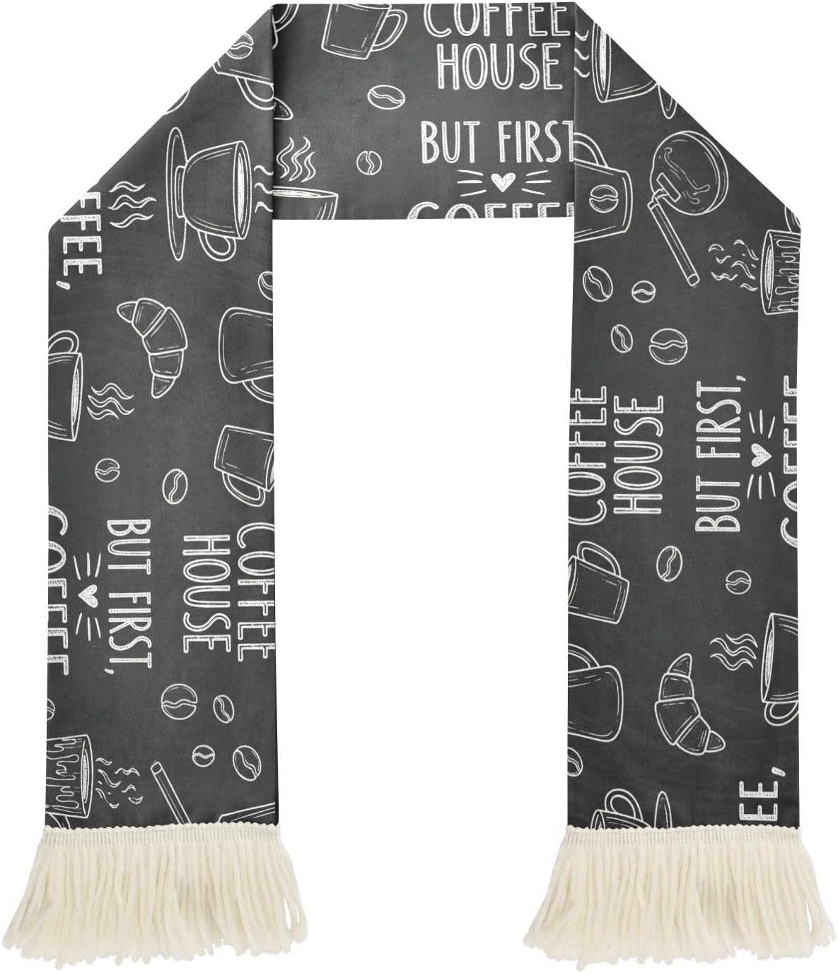 CHIFIGNO Coffee Icons Black Sports Fan Scarf Towel, Soft Polyester Sweat Wipe Cheering Scarf for Soccer Games, Quick Dry with Fringe Ends