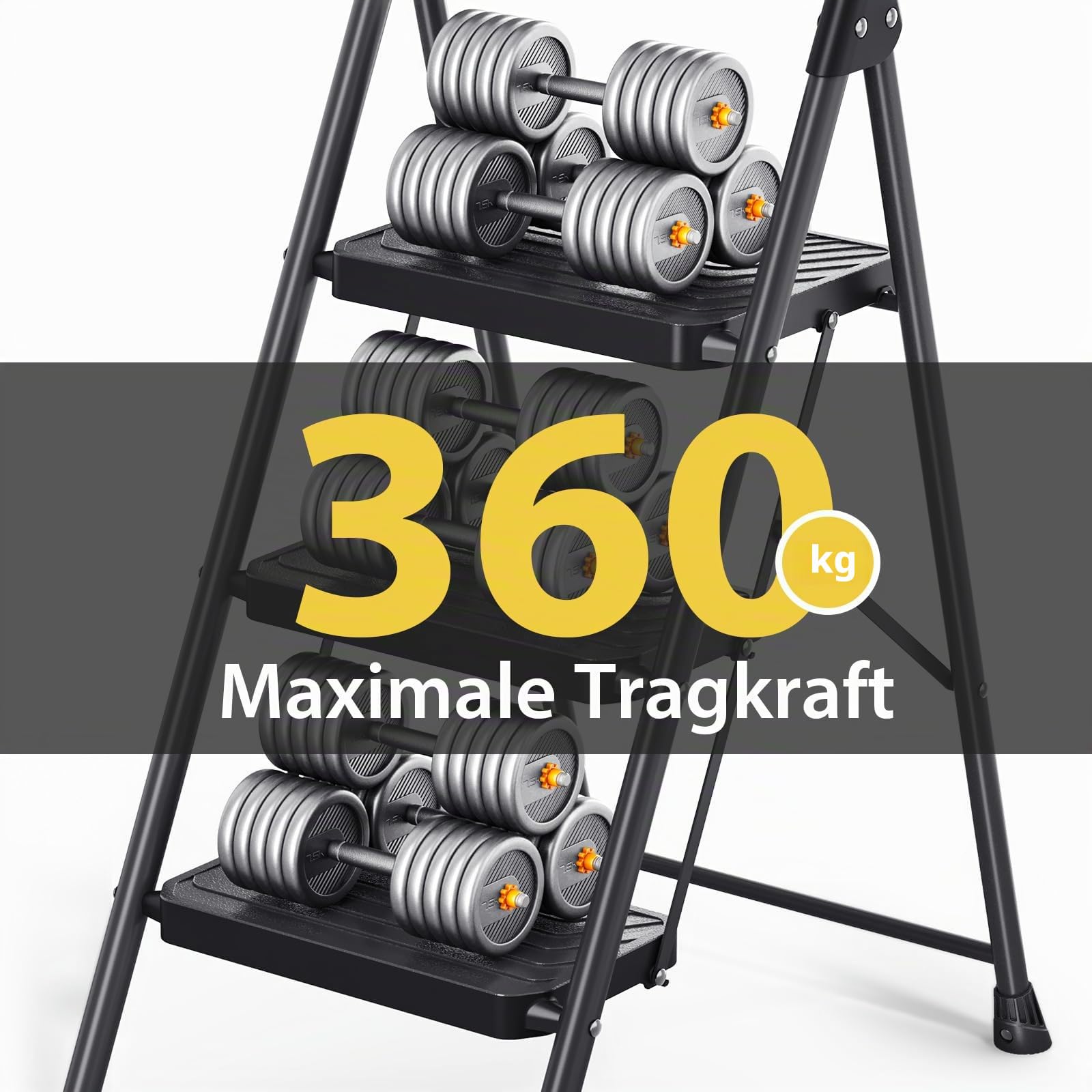 KINGRACK Trittleiter 3 Stufen Klappbar, bis 360 kg belastbar, Klapptritt mit Breiten Anti-Rutsch-Stufen, Stabiler Tritthocker mit Handlauf für Küche & Haushalt, Schwarz