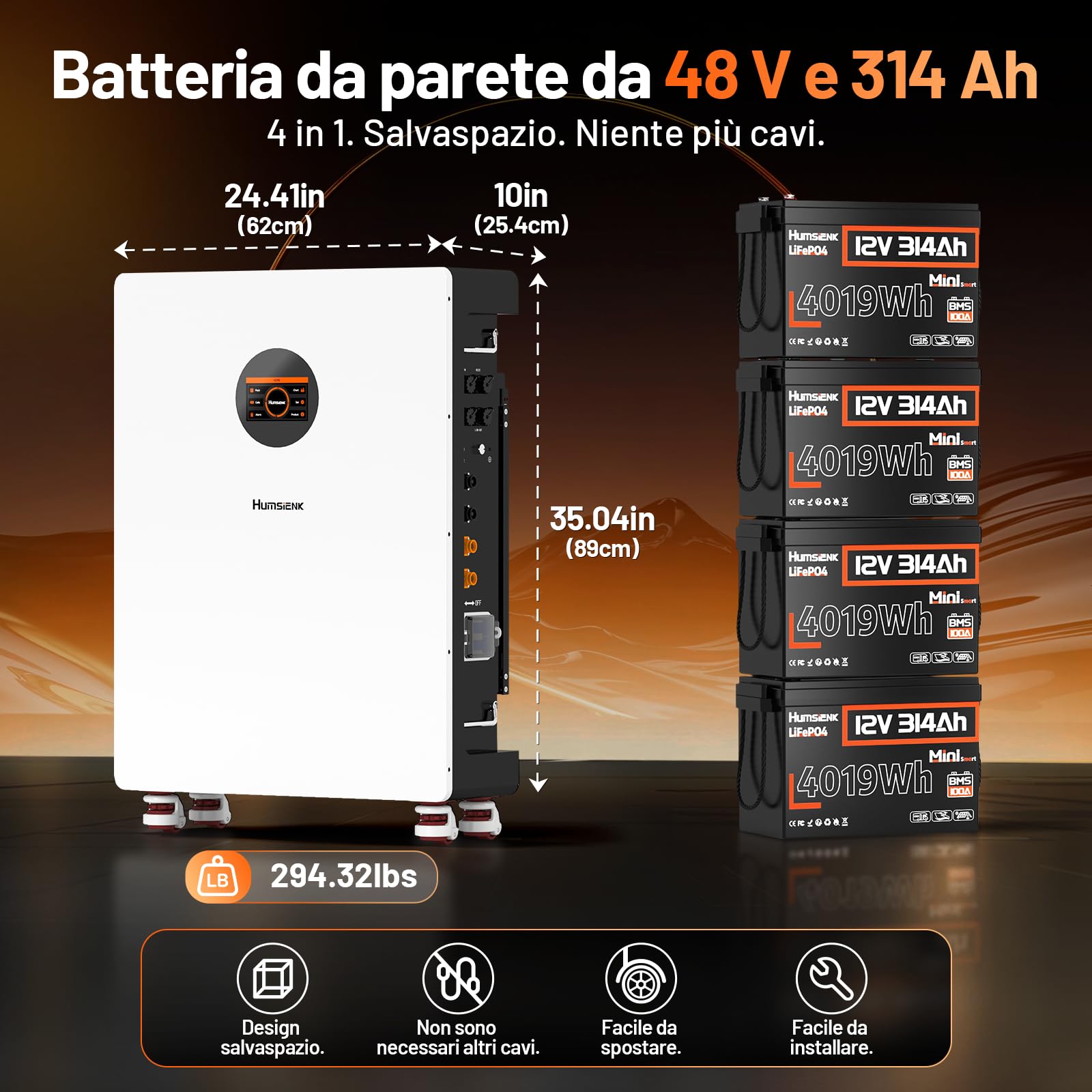 Humsienk Batteria LiFePO4 48V 314Ah, Batteria accumulo fotovoltaico 16.07KWH con integrata 200A BMS e display LCD,8000+ cicli, Accumulo di energia a parete per sistema solare,fotovoltaico,off-grid