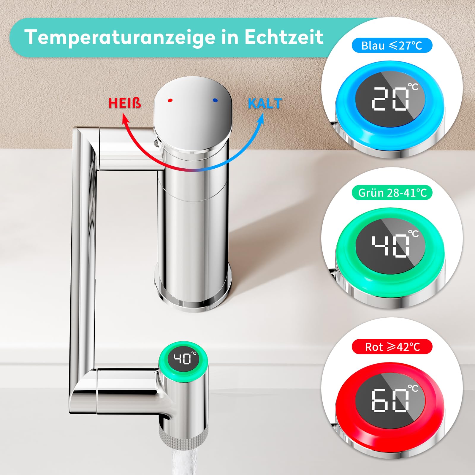 KAIYING Grifo de lavabo giratorio 1080°, grifos de altura ajustable, indicador de temperatura (sin batería), 1 agujero para baño (cromo) | Grifo de lavabo con indicador de temperatura (baterías). Grifería de lavabo regulable en altura. 2 modos de grifo de