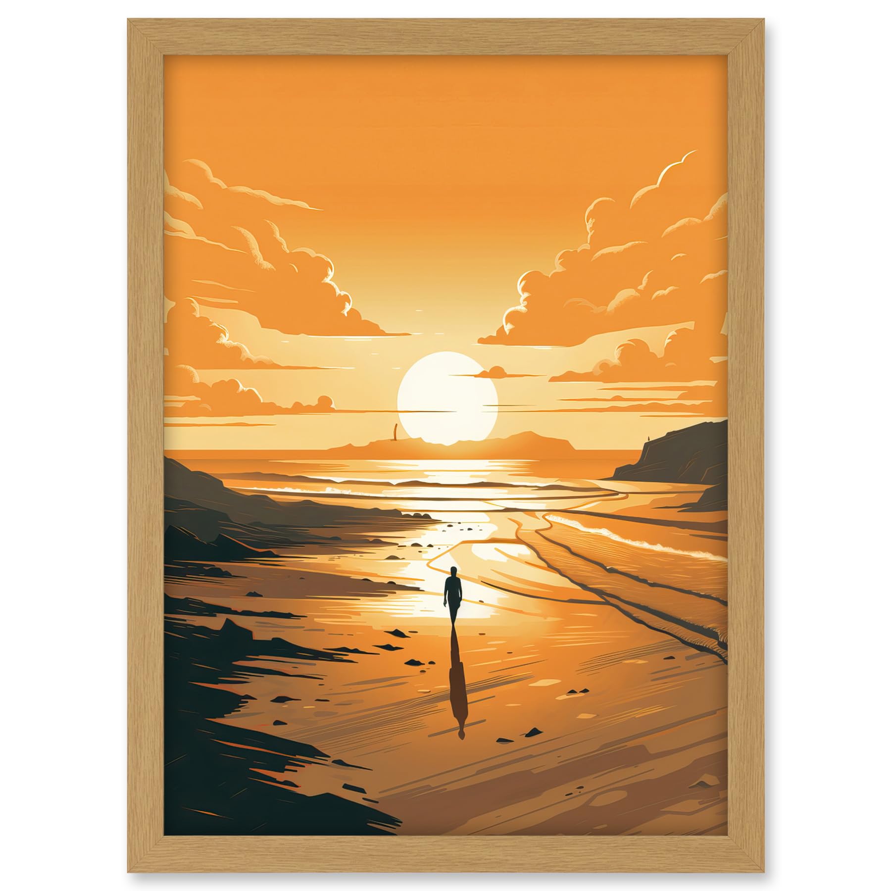 Artery8 Walk into the Sunset Sand Beach Coastal Landscape Artwork Framed A3 Wall Art Print