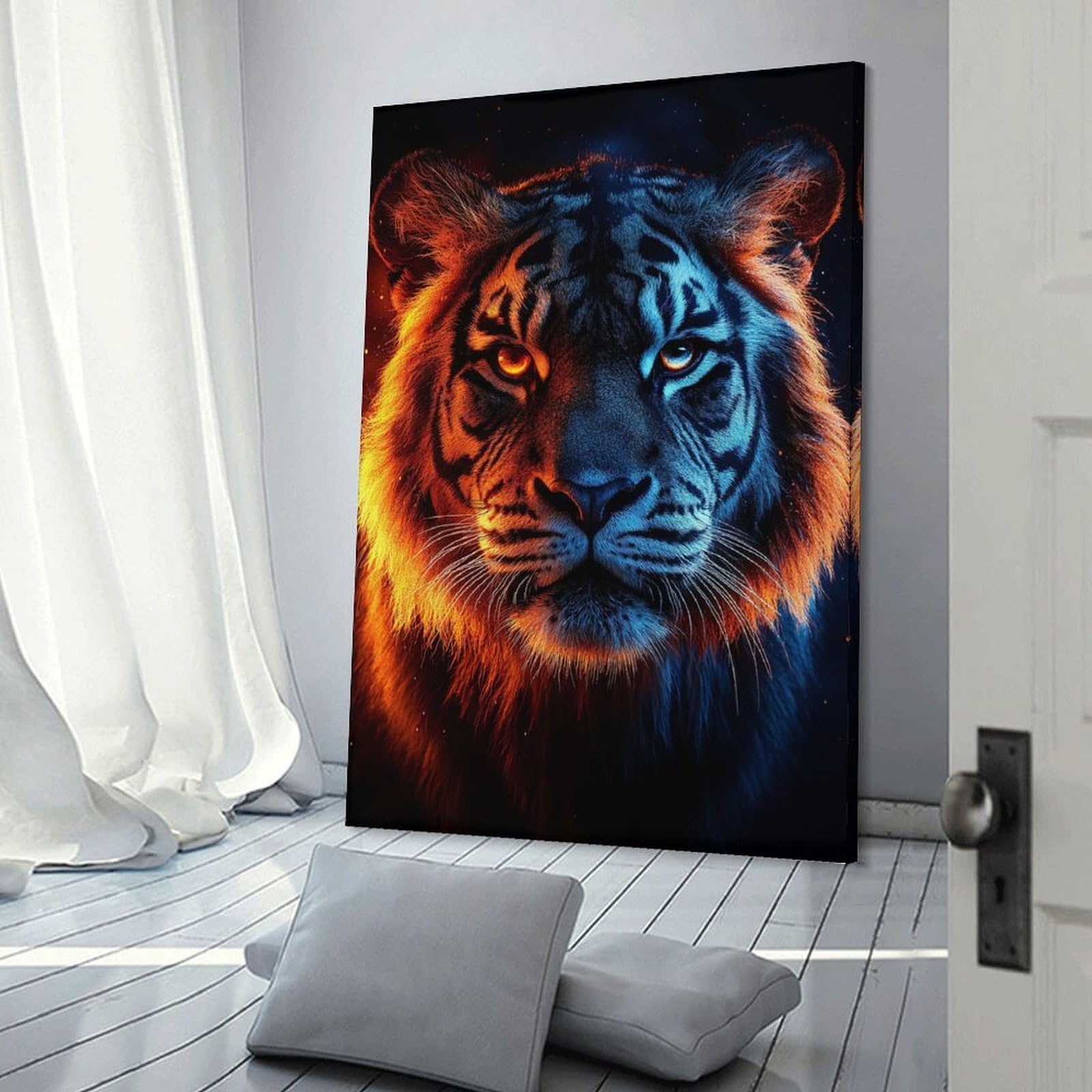 Junmoney Wall Decor Canvas Print Fiery And Icy Tiger Portrait, 12x18inch(30x45cm), for Bedroom Walls, Guest Spaces Or Lounges, An Easy Wall Refresh for Bedrooms