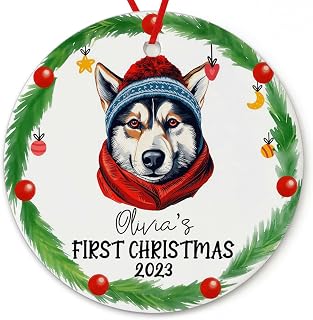 Dinoz Baby First Christmas Siberian Husky Dog Lovers, Baby Santa Claus Décor Tree Decor Hanging Keepsake Gifts Round Circle Ornament Ceramic Personalized Name