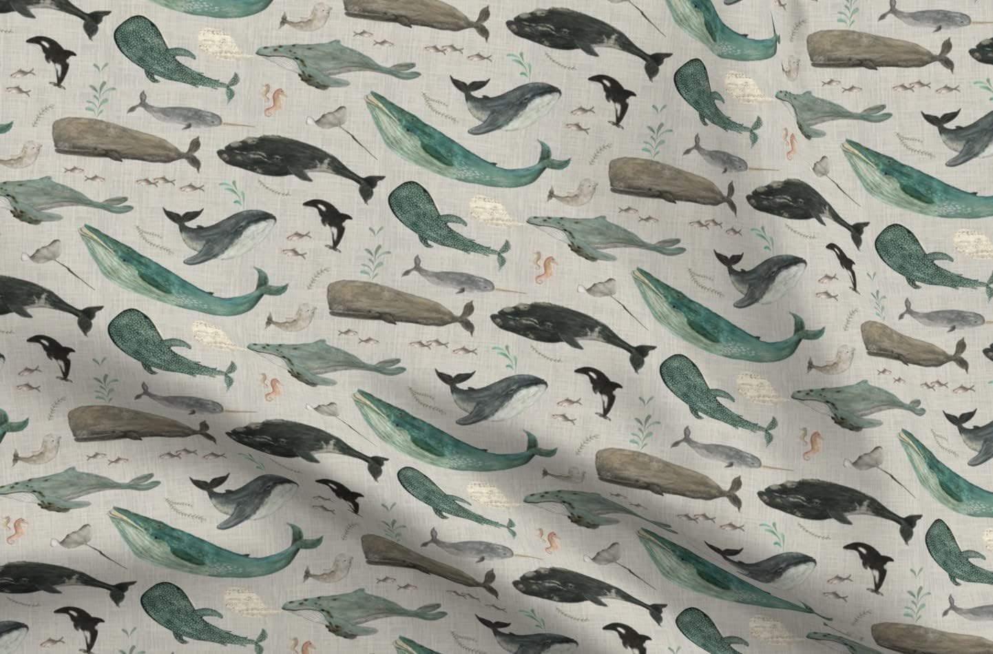 Spoonflower Fabric - Sage Green Whale Watercolor Nautical Coastal Sea Life Ocean Animals Printed on Upholstery Velvet Fabric Fat Quarter - Upholstery Home Decor Bottomweight Apparel