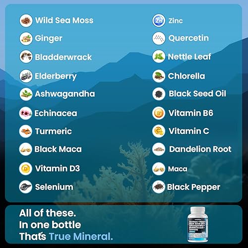 Miniatura 3 de Musgo marino de 3000 mg de maca, 1000 mg de aceite de semilla negra, 2000 mg de Ashwagandha, 1000 mg de vejiga, cúrcuma, manuka, saúco, vitaminas C