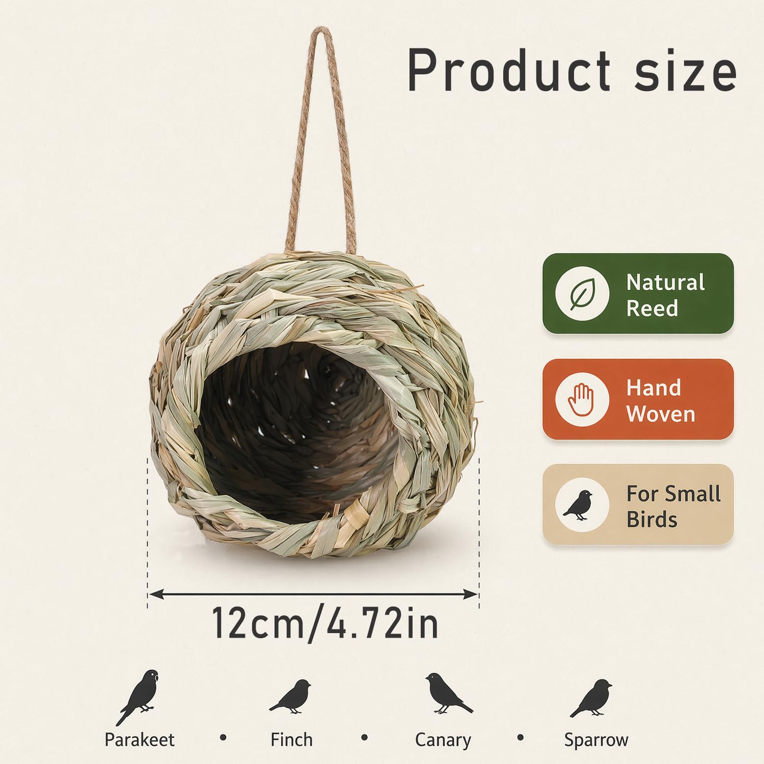 Nido Per Uccello Erba Casetta, 2 Pezzi, 12 x 12 x 9 Cm | Intrecciato a Mano Con Erba Naturale, Casetta Sospensabile, Ideale Per Colibrì, Cocorite e Uccelli Selvatici Di Giardino