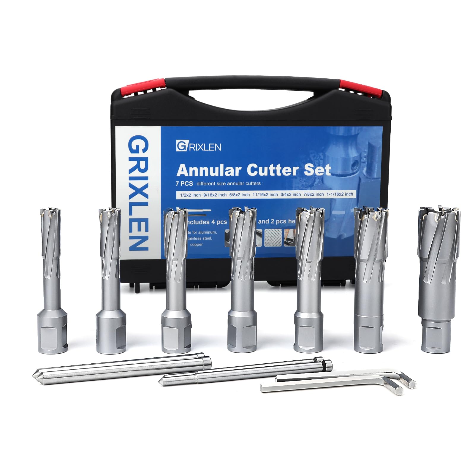 7 Pack 1/2 inch to 1-1/16 inch Annular Cutters Set with Weldon Shank,13mm ~ 27mm Carbide Tip Annular Drill Bit for Stainless Steel, Iron (2 inch Depth