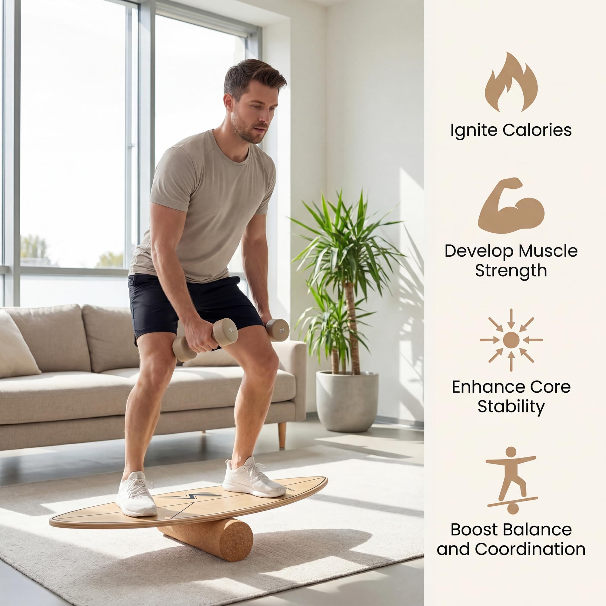 KOMFOTTEU Balance-Board aus Holz, Balance-Board in Blattform mit Korkrolle, Trainingsbrett für Kinder und Erwachsene, Spaß und Training, Belastbarkeit 100 kg