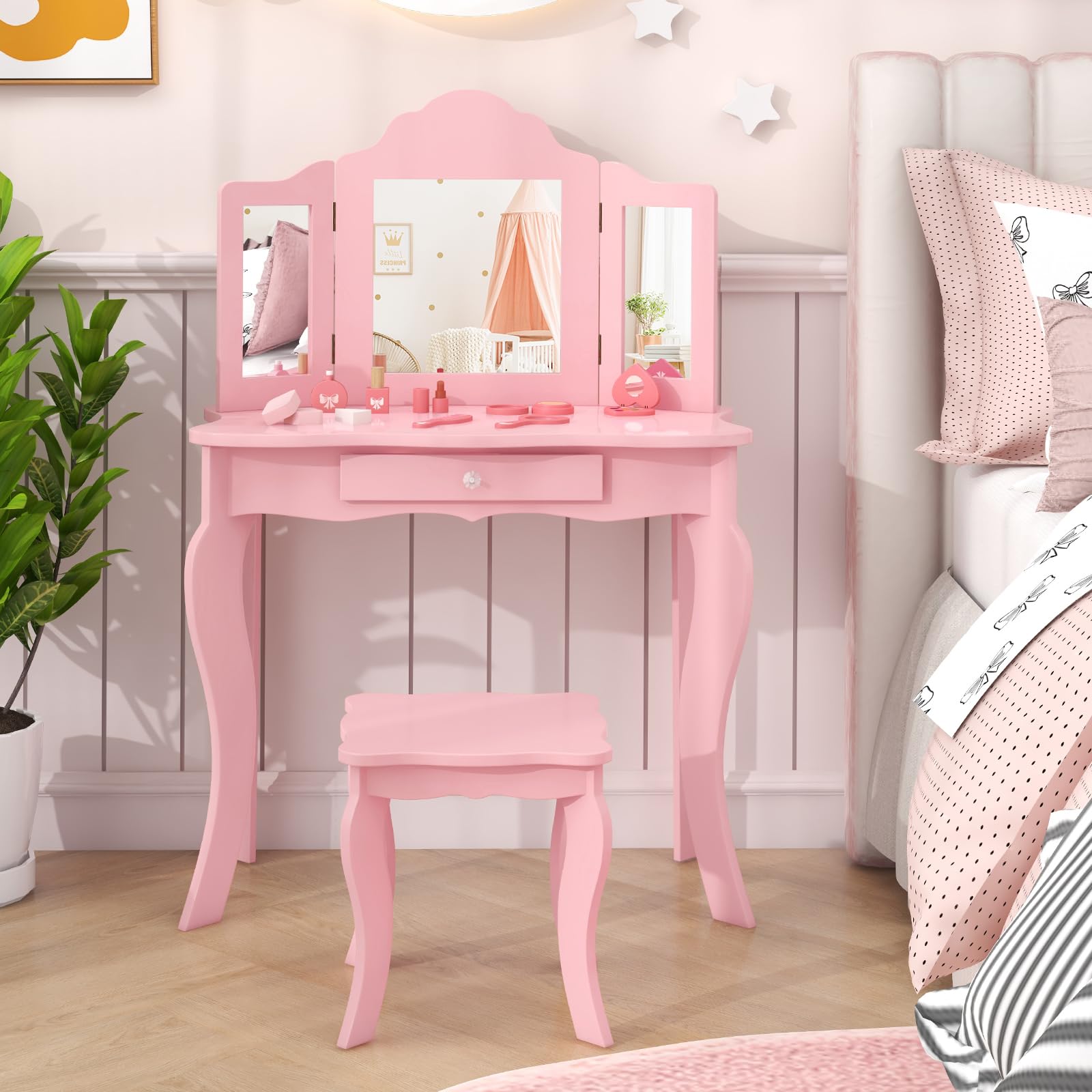 DREAMADE Schminktisch Kinder mit Hocker & Abnehmbarer Spiegel, Prinzessin Frisiertisch mit Schublade, Kinderschminktisch für Kinder Mädchen (Rosa-ohne Beleuchtung)