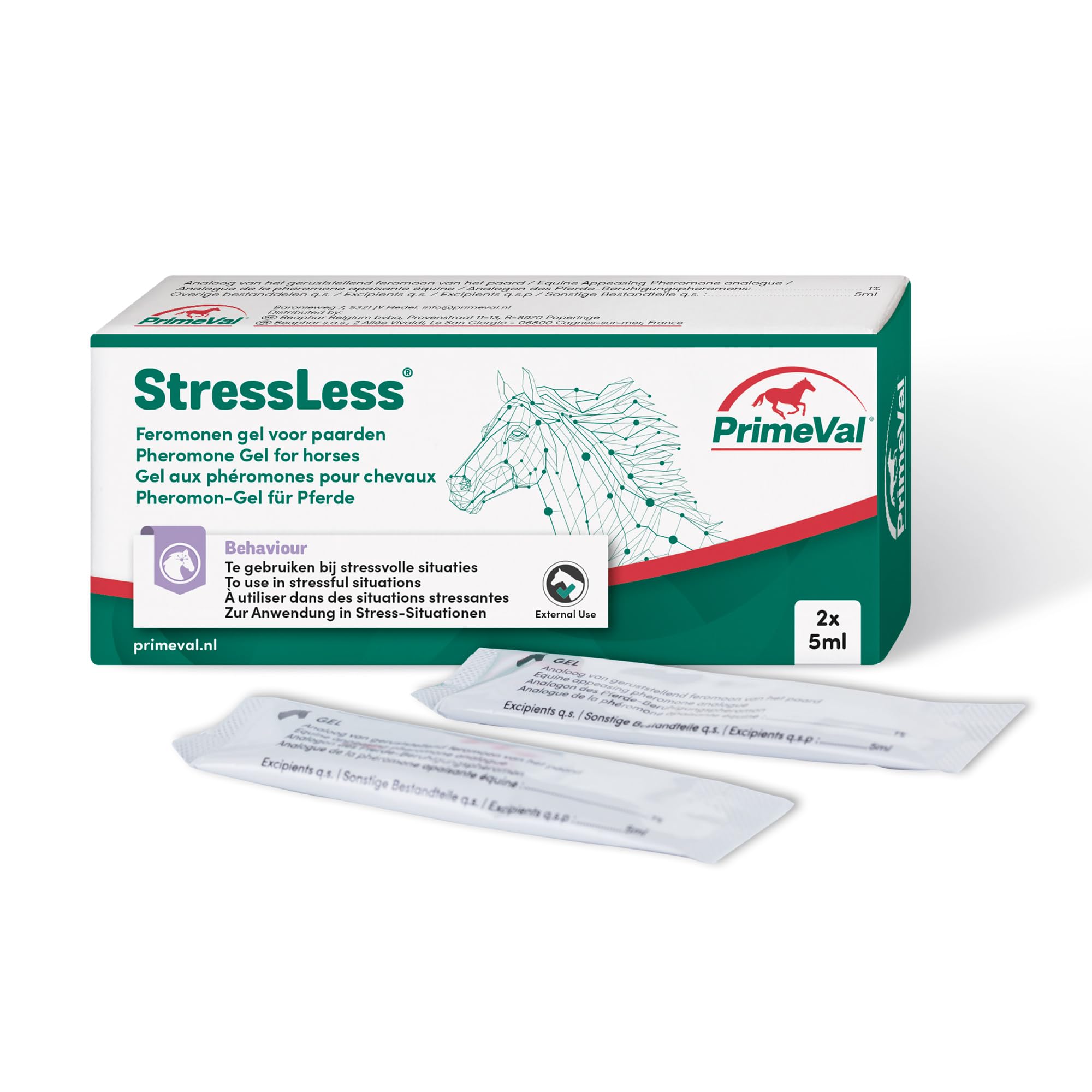 PrimeVal â€“ StressLessÂ® Pheromone Gel â€“ For Horses & Ponies â€“ Fast-Acting Calming Gel â€“ Promotes Feelings of Reassurance In Stressful Situations â€“ Ideal for Competitions & Travelling â€“ 2 x 5ml Sachets