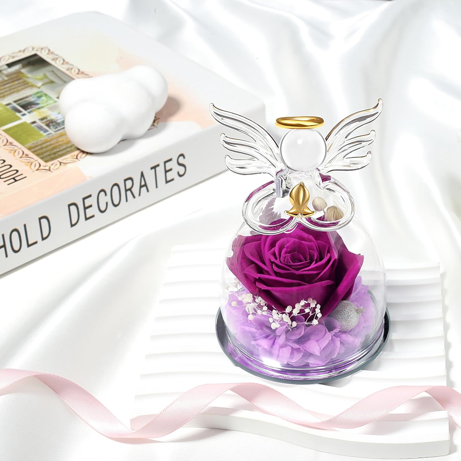 Purple Valentines Day Rose Gifts for Her, Preserved Rose in Glass Dome Angel Figurine Birthday Gift for Women, Valentines Angel Mothers Day Rose Gift for Mom Grandma - Image 6