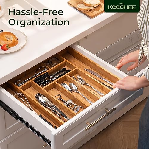 Miniatura 9 de Organizador de cajones de cocina de bambú carbonizado, organizador de cubiertos expandible de 10 ranuras, soporte para utensilios y bandeja de