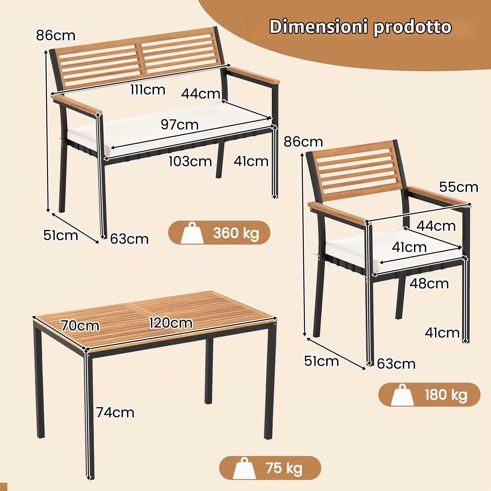 KOMFOTTEU Tavolo da Giardino con 2 Sedie e Panca con Foro per Ombrellone e Cuscino Morbid, Set Pranzo da Giardino Ergonomico in Legno di Acacia, Design Impilabile, Set Salotto per Esterno da Balcone