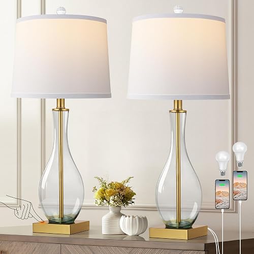 27 inch Glass Table Lamps with USB, touch dimming, set of 2