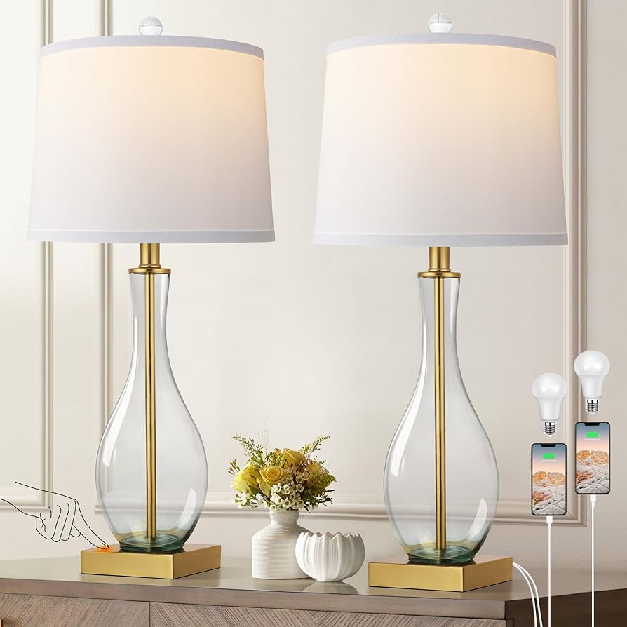 WIHTU Table Lamps Set of 2 with Touch Control, 27" Bedside Desk Lamps for Nightstand Decorations, 3-Way Dimmable Modern Glass Table lamp with USB C and A Charging Ports, Gold (LED Bulbs Included)