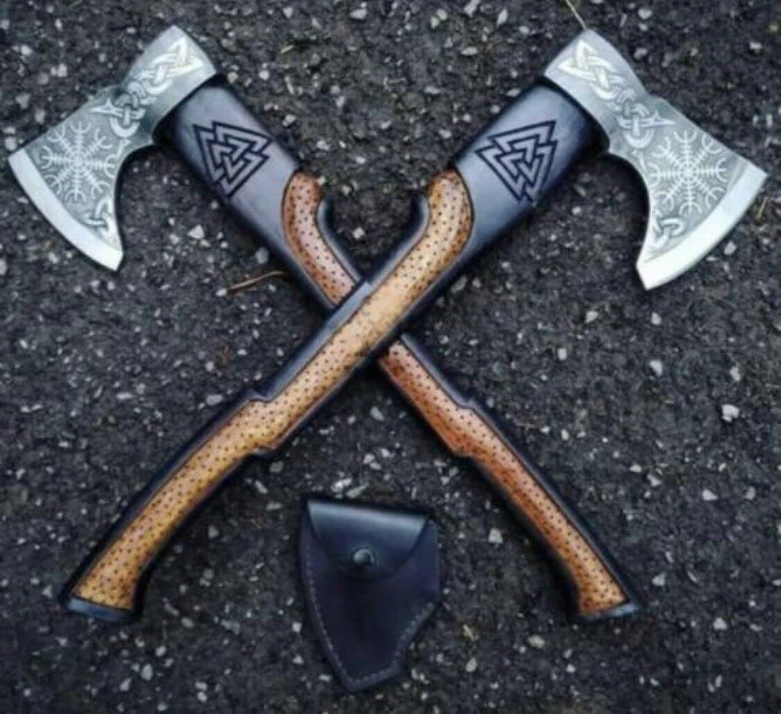 AXE019AM FS Crafts 20.00" Custom Handmade Carbon Steel Tomahawk Axe Hand Forged Viking Axe Outdoor Hunting Camping Axe Hatchet Bearded Axe Beautiful Design of Wood Handle with Leather Sheath