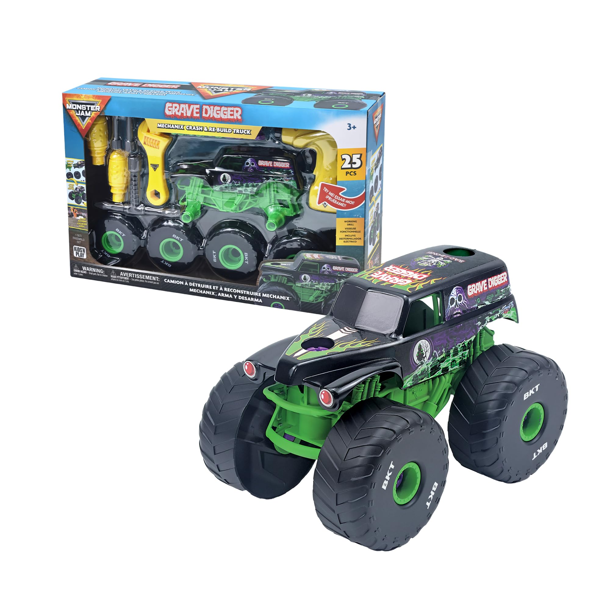 MonsterJam Mechanix - Vehículo a Escala 1:18 con Piezas Desmontables, Incluye Destornillador y 4 Ruedas, Modelo Grave Digger, 3 Modelos Disponibles para Coleccionar, Famosa (MNJ02100)
