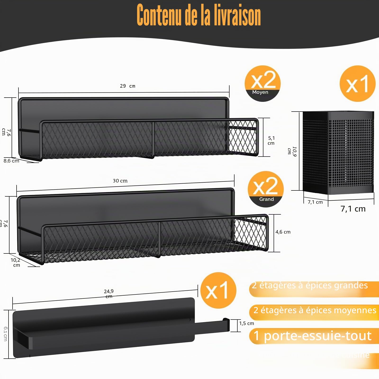 DTUQYX Lot de 6 étagères magnétiques en métal noir avec porte-serviettes en papier, porte-ustensiles, aimants puissants, économie d'espace