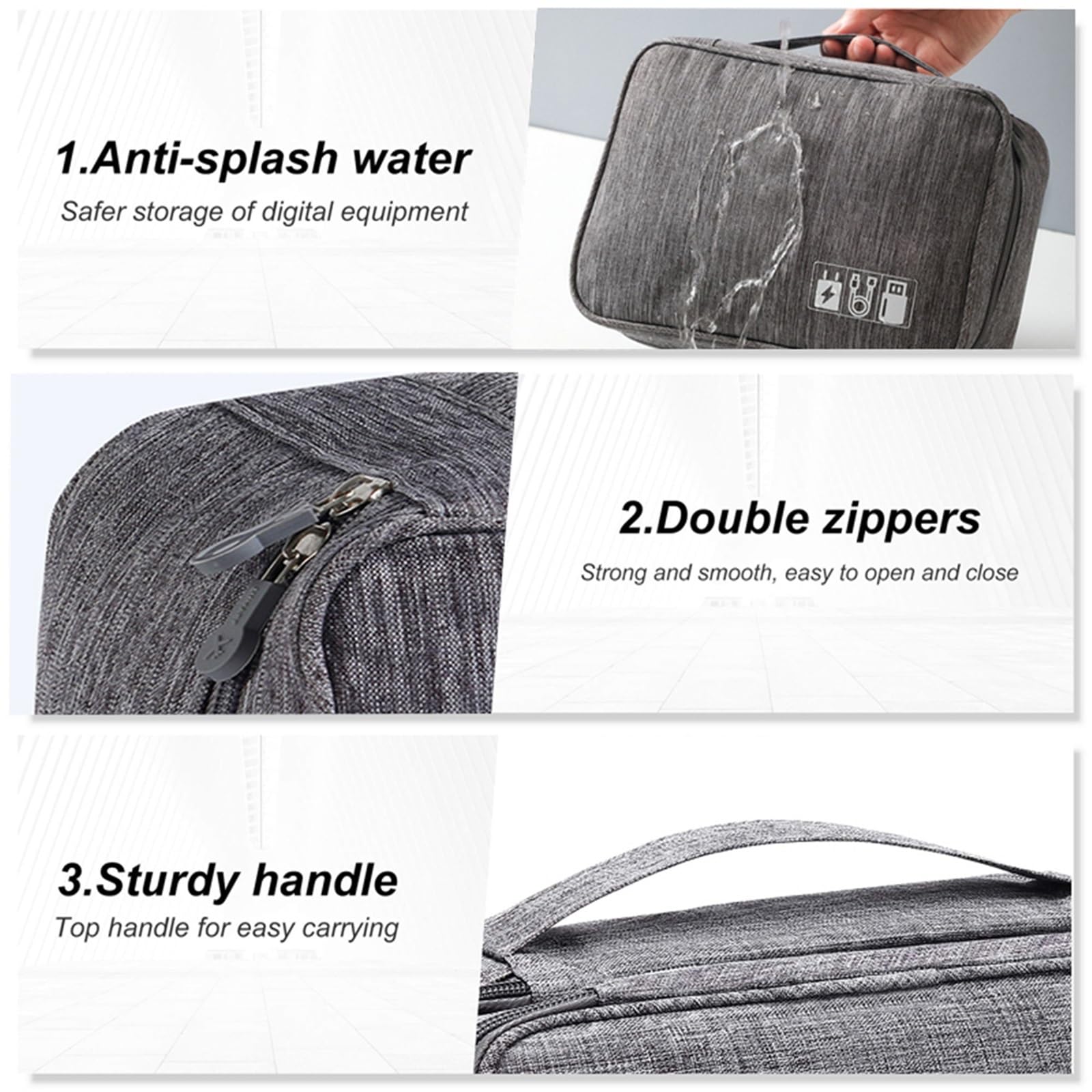 Bolsa Organizadora De Cables Bolsa De Almacenamiento Cables Viaje, Digital Portátil Impermeable, Cargador Cable Datos USB, 2 Uds(Grey,1Layer(24.5x10x18cm))