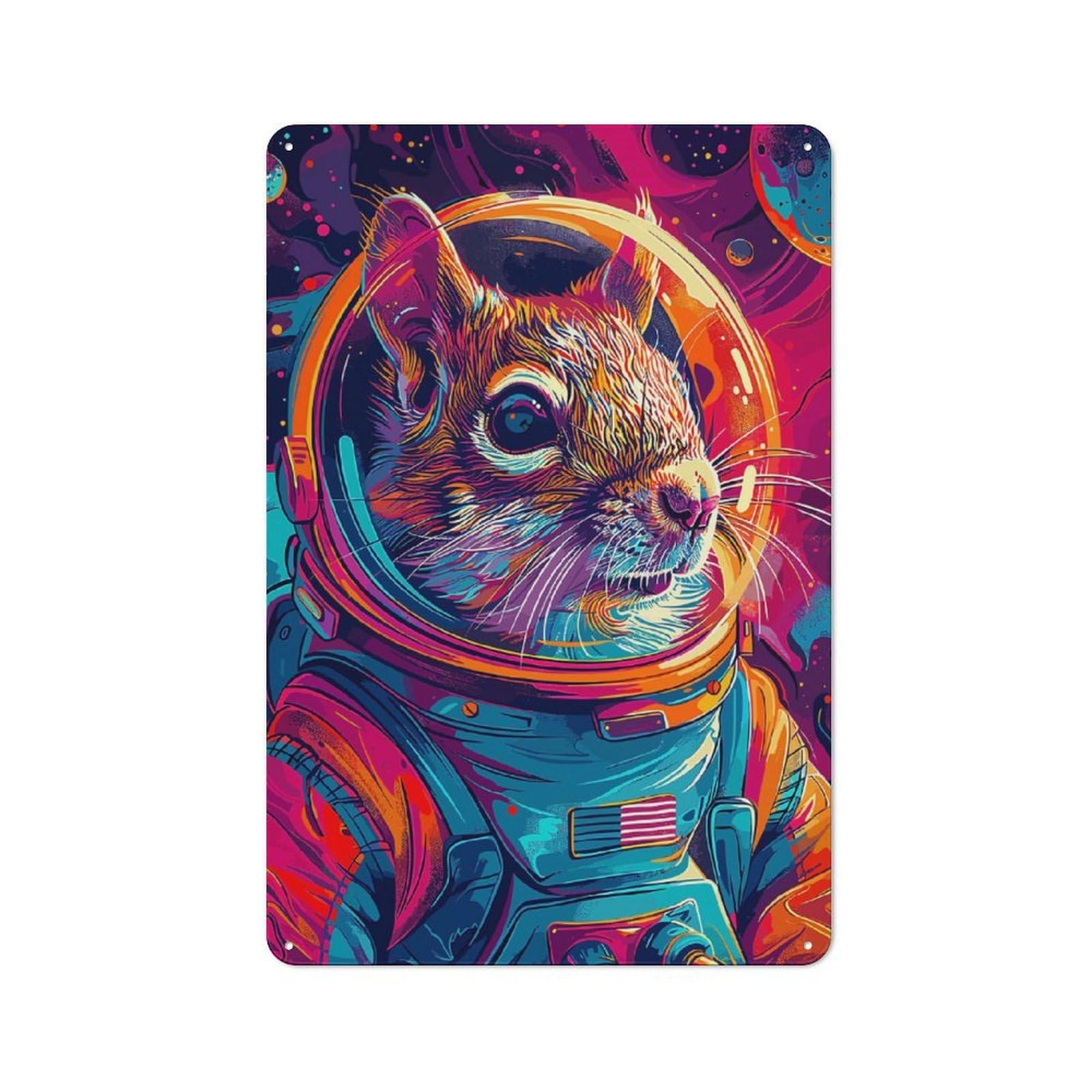 Junmoney Squirrel Astronaut Space Rustic Tin Wall Plaque 30X20cm For Garage Or Workshop, For Home Interiors, Feature Walls And Decorative Displays