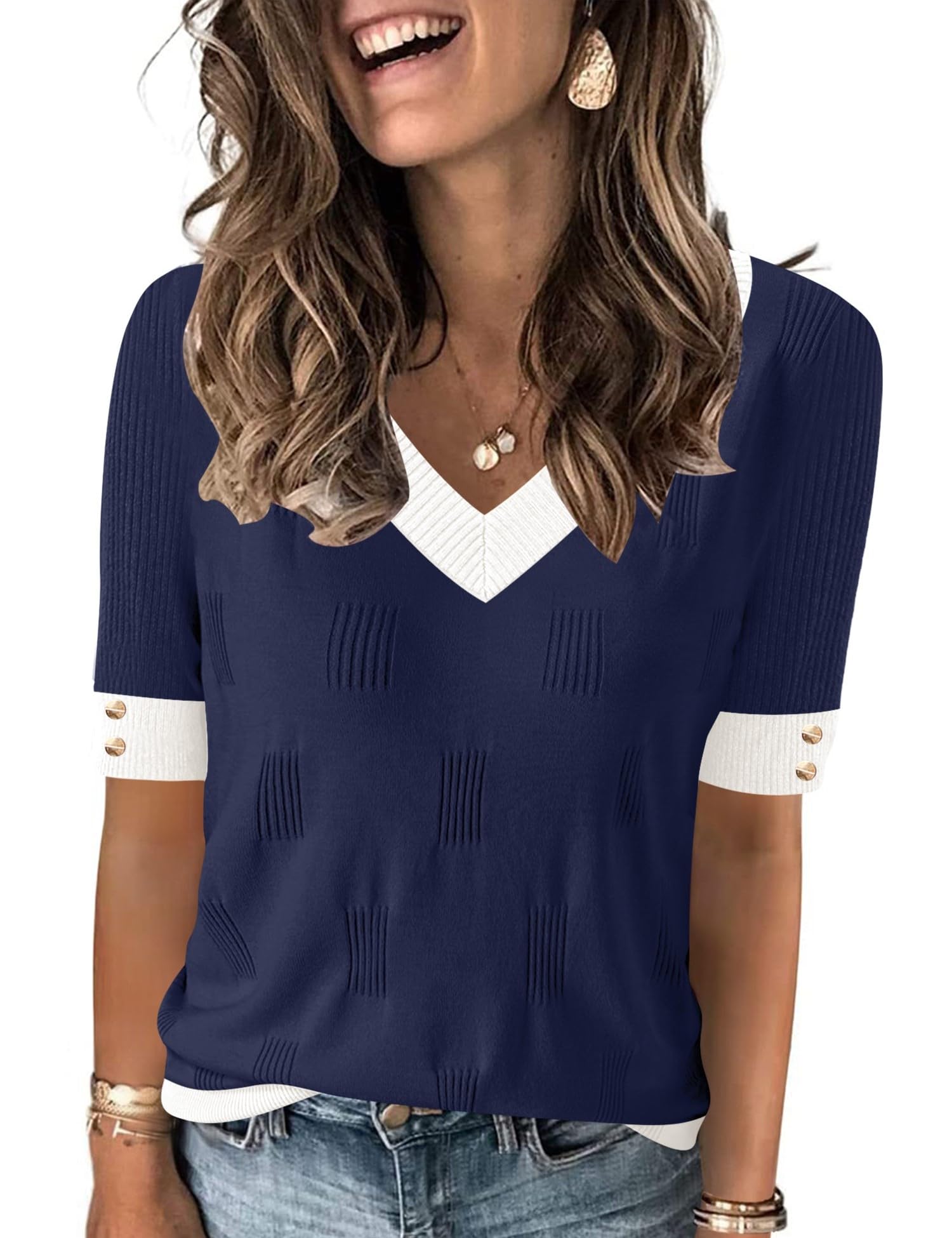 AKEWEI Womens V Neck Sweater Short Sleeve Lightweight Knit Spring Summer Tops with Decorative Buttons