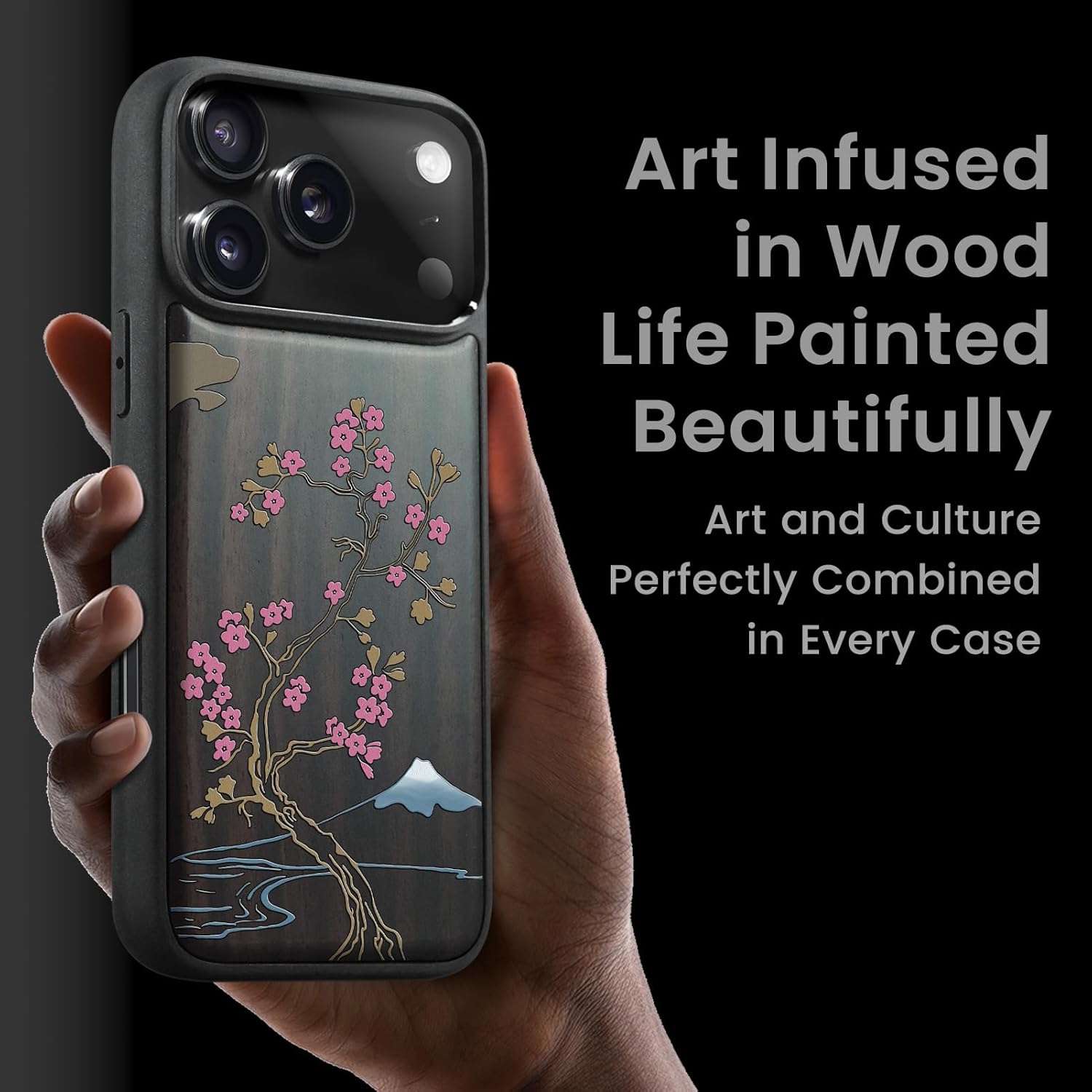 Magnetic for iPhone 17 Pro Max Case Compatible with MagSafe Wireless Charging, Wooden Cover & Shockproof TPU Phone Case, Dark Wood Hand-Drawn Pattern - Cherry Blossom Serenity