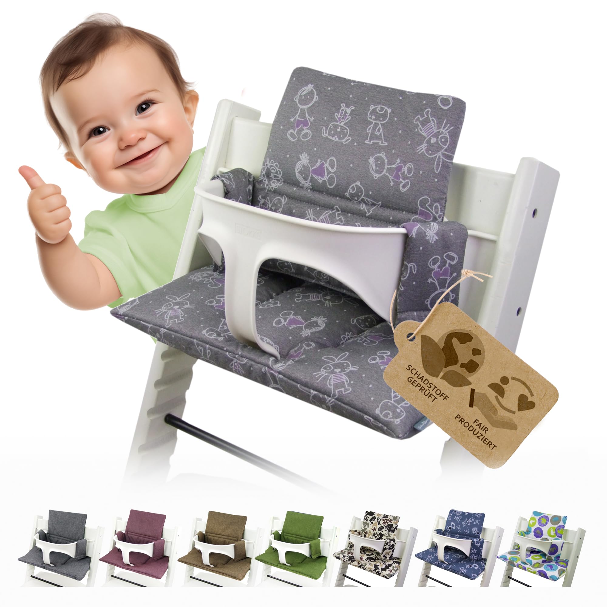 Sitzkissen Ersatzbezug Bezug Kissen-Set Sitzverkleinerer kompatibel mit Stokke Tripp Trapp für Hochstuhl-Kinderstuhl Mod. 2 (Hellgrau W. Figuren)