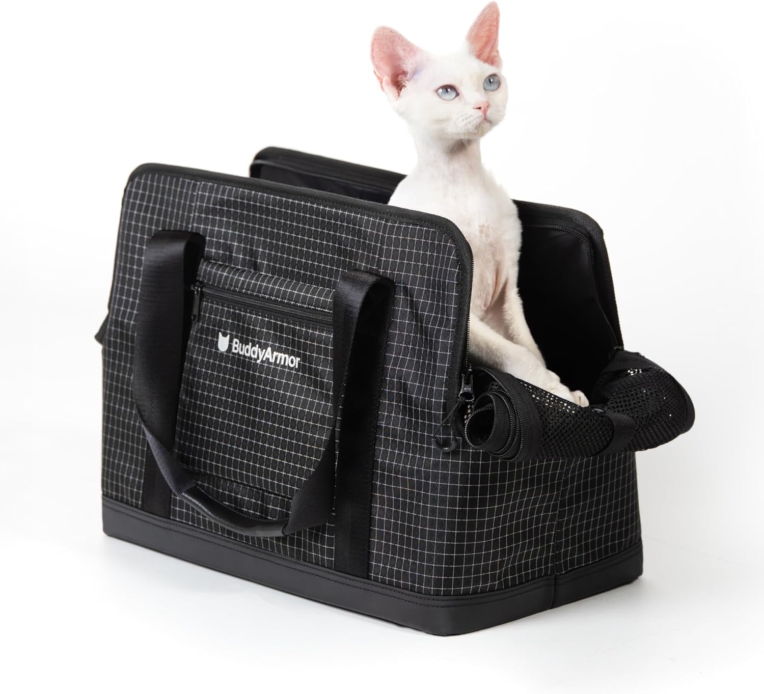 Secure Single Shoulder Cat Bag Carrier Soft-Sided Dyneema Nylon Breathable Mesh Cat Travel Carrier Self Lock Zippers, Inner Safety Leash Removable Fleece Pad,Up to 11lbs (Midnight Black, M)