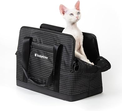 Secure Single Shoulder Cat Bag Carrier Soft-Sided Dyneema Nylon Breathable Mesh Cat Travel Carrier Self Lock Zippers, Inner Safety Leash Removable Fleece Pad,Up to 9lbs Midnight Black