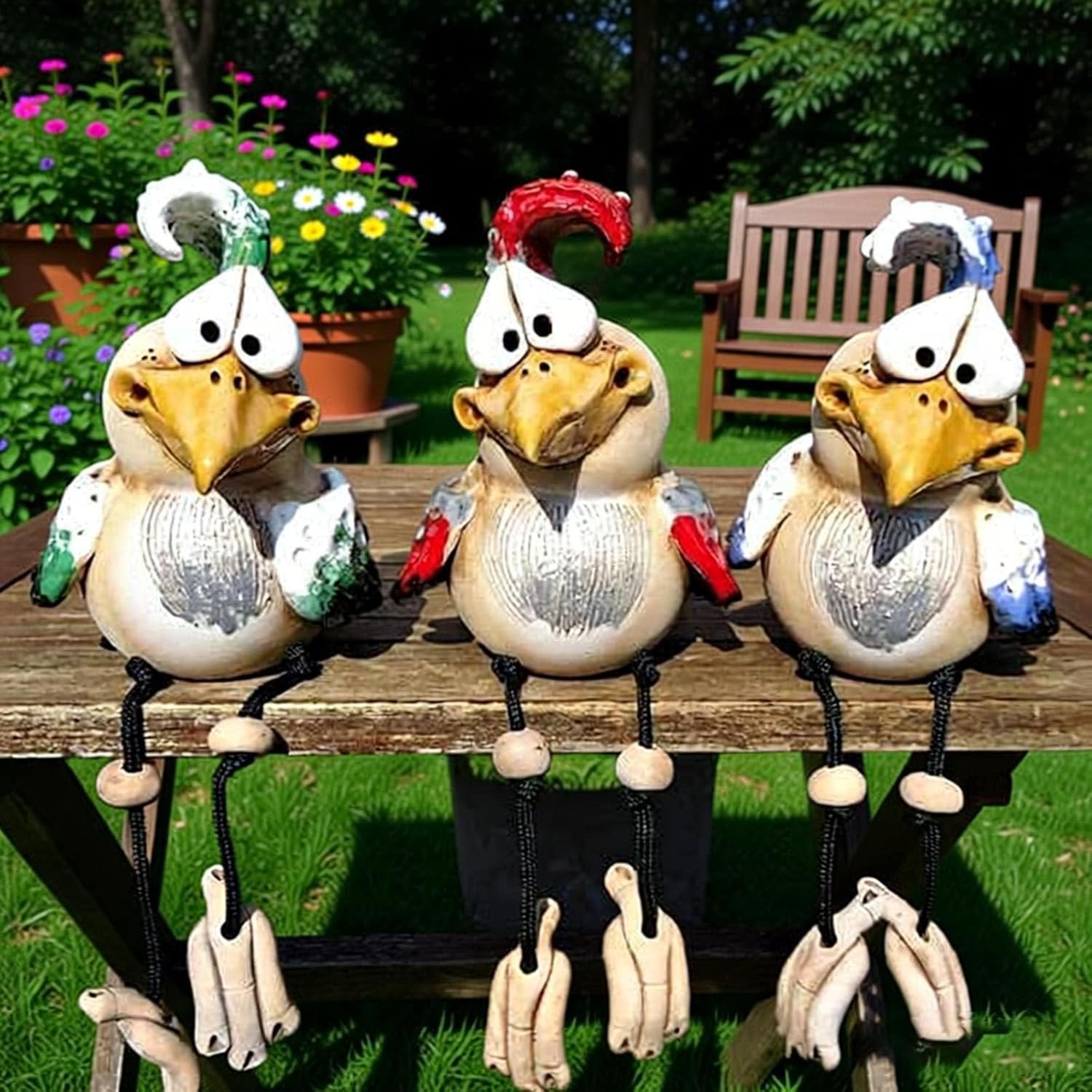 Lot de 3 figurines de poules décoratives de jardin, en céramique et résine, faites à la main, amusantes, pour l'extérieur, résistantes aux intempéries, pour balcon, terrasse, cadeau de Pâques