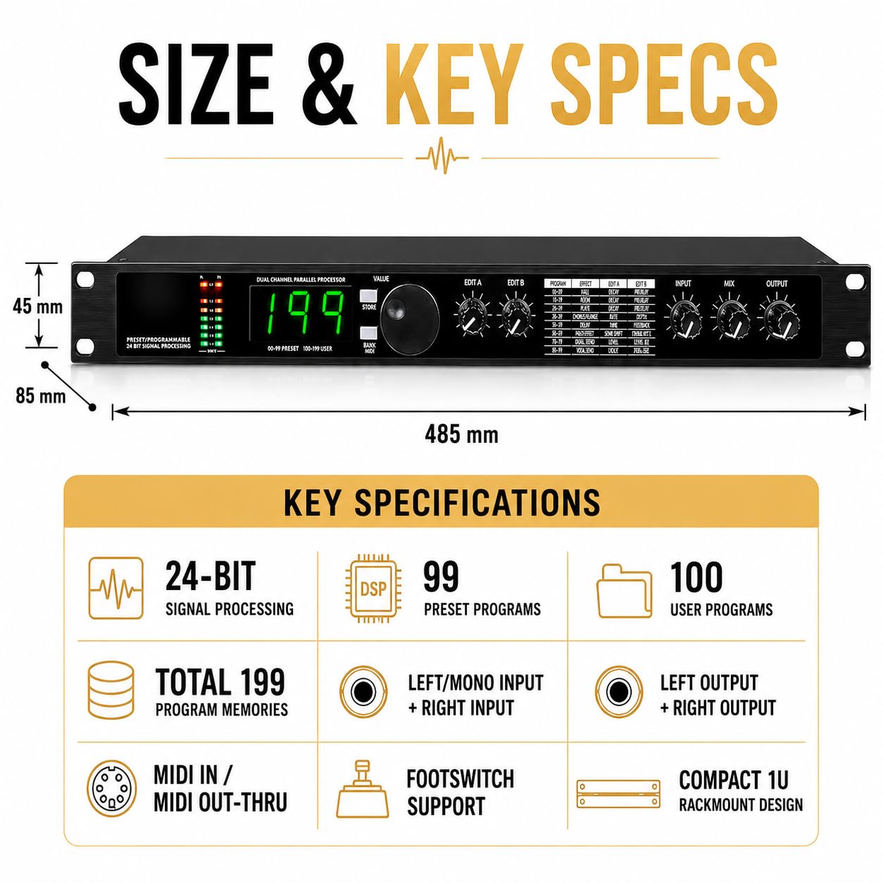 TsoLay Procesador Dsp Multiefectos De Reverberación Digital, Ecualizador De Audio Ktv con 99 Preajustes, 199 Efectos De Sonido, Procesamiento De Señal De 24 bits Y Reducción Automática De Ruido