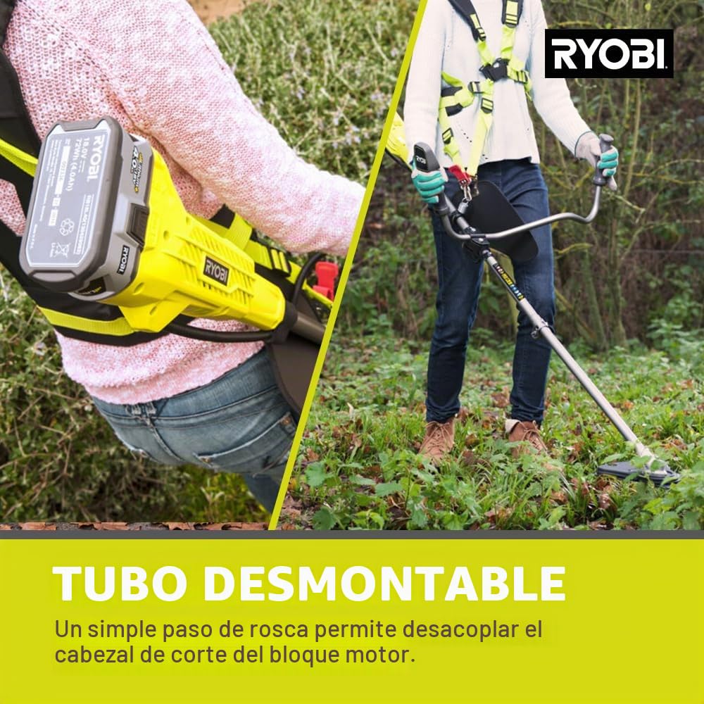 RYOBI Desbrozadora Inalámbrica 18V One+ con Cuchilla Tri-ARC y Cabezal de Hilo – Arnés Vertebrae Ergonómico – (Sin batería)