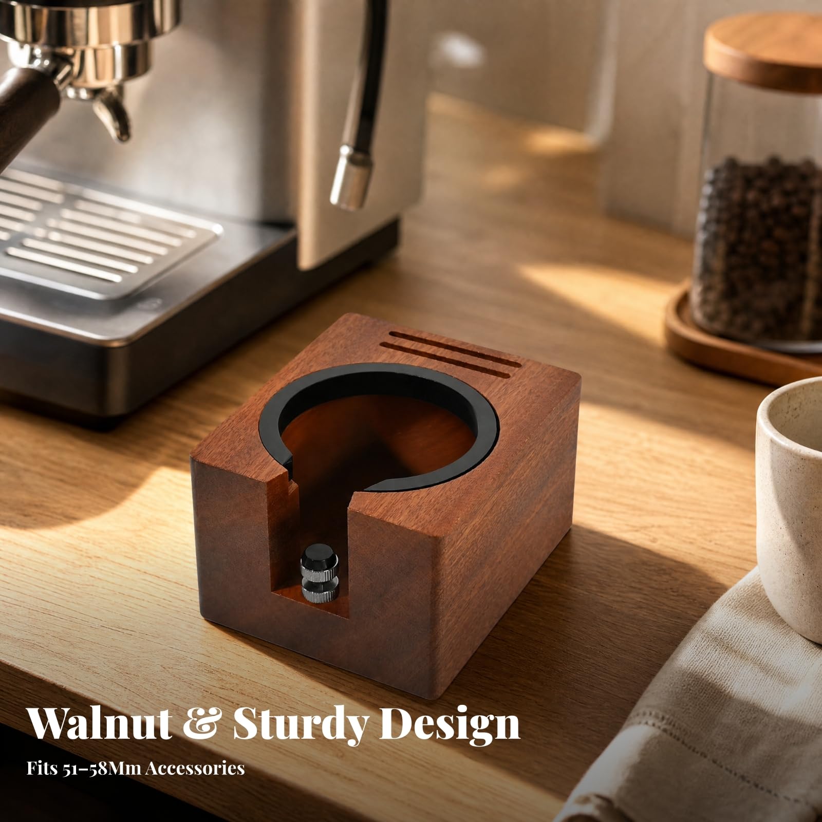 Base Tamper in Legno Regolabile Stazione di Pressatura Caffè Funzionale Organizer da Banco per Caffè Professionisti, Da 51 A 58mm, Con Secchiello Interno