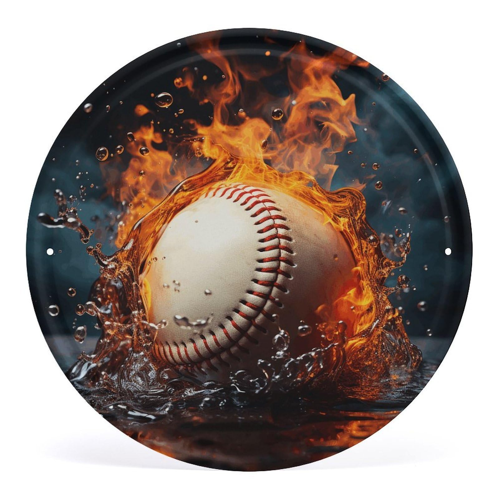 Fodpand Style Fire Water Baseball Ball Round Wall Art Hanging Decorations, Wall Decor Modern Minimalist Artwork, Tin Sign Hanging Picture For Living Room, Bedroom, Office, Hallway, 11.8X11.8 Inch